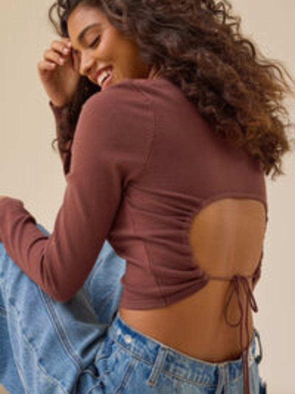 Altar'd State Brown Noa Open Back Top Sweater NEW